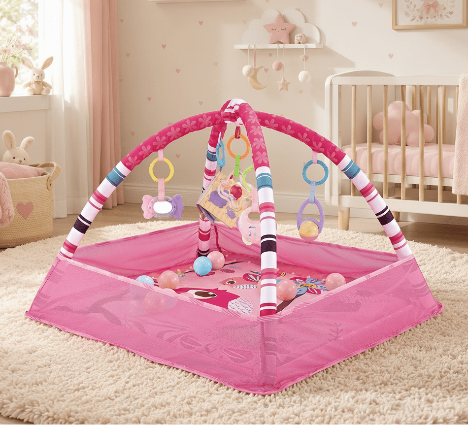 Pink baby play gym with toys in a nursery setting